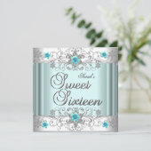 スウィート16バースデーパーティーティール(緑がかった色)ブルーホワイトダイヤモンド 招待状 (スタンド正面)