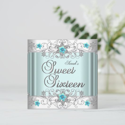 スウィート16バースデーパーティーティール（緑がかった色）ブルーホワイトダイヤモンド 招待状 (スタンド正面)
