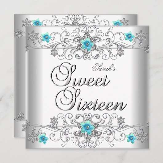 スウィート16バースデーパーティーティール（緑がかった色）ブルーホワイトダイヤモンド 招待状 (正面/裏面)