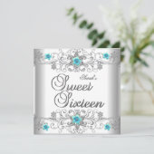 スウィート16バースデーパーティーティール（緑がかった色）ブルーホワイトダイヤモンド 招待状 (スタンド正面)