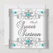 スウィート16バースデーパーティーティール（緑がかった色）ブルーホワイトダイヤモンド 招待状 (正面)