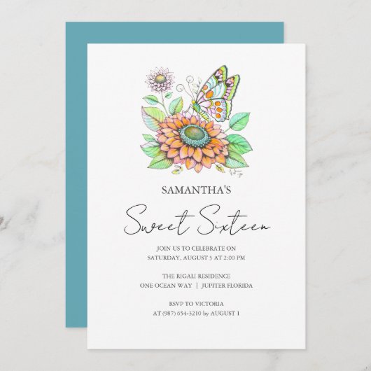スウィート16バースデーパーティーバタフライテーマ 招待状 (正面/裏面)