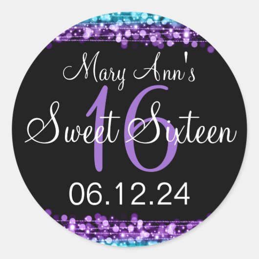 スウィート16バースデーパーティーパープルターコイズライト ラウンドシール (正面)
