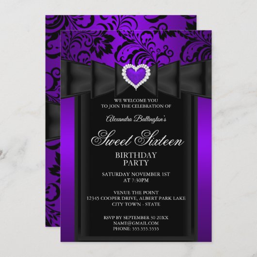 スウィート16バースデーパーティーパープルハートダマスク 招待状 (正面/裏面)