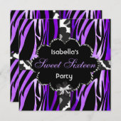 スウィート16バースデーパーティーパープル白黒ゼブラ 招待状 (正面/裏面)