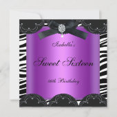 スウィート16バースデーパーティーパープル白黒ゼブラ 招待状 (正面)
