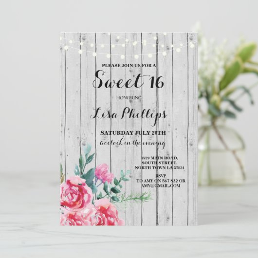 スウィート16バースデーパーティーピンクフローラウッド招待状18 招待状 (スタンド正面)