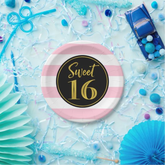 スウィート16バースデーパーティーピンク白黒ストライプP ペーパープレート (パーティー)