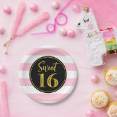 スウィート16バースデーパーティーピンク白黒ストライプP ペーパープレート (パーティー)