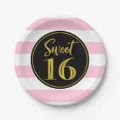 スウィート16バースデーパーティーピンク白黒ストライプP ペーパープレート (正面)