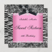 スウィート16バースデーパーティーピンク白黒ゼブラ 招待状 (正面/裏面)
