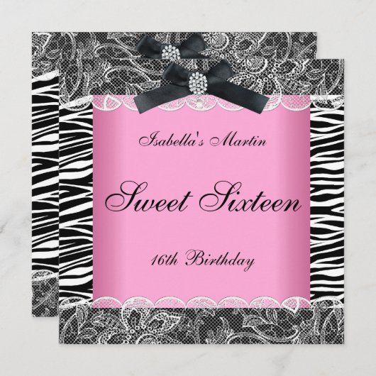 スウィート16バースデーパーティーピンク白黒ゼブラ 招待状 (正面/裏面)
