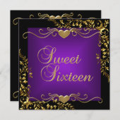 スウィート16バースデーパーティーブラック金ゴールド深いパープル 招待状 (正面/裏面)