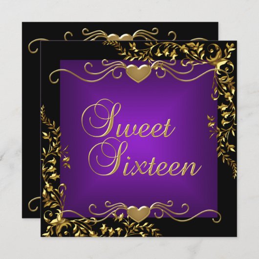 スウィート16バースデーパーティーブラック金ゴールド深いパープル 招待状 (正面/裏面)