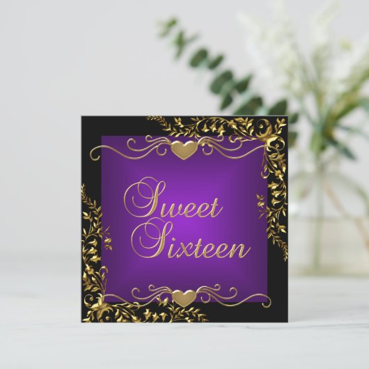 スウィート16バースデーパーティーブラック金ゴールド深いパープル 招待状 (スタンド正面)