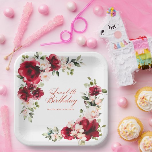 スウィート16バースデーパーティーレッドピンクカスタムフローラ ペーパープレート (パーティー)