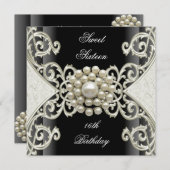 スウィート16バースデーパーティー白黒クリームパール 招待状 (正面/裏面)