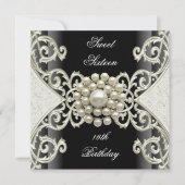 スウィート16バースデーパーティー白黒クリームパール 招待状 (正面)