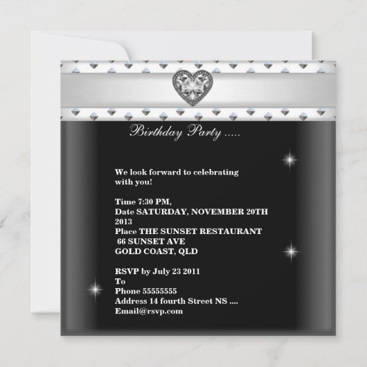 スウィート16バースデーパーティー白黒ティアラ 招待状 (裏面)