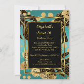 スウィート16バースデーパーティー金ゴールドティール（緑がかった色）ブラックフローラ 招待状 (正面)