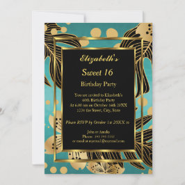スウィート16バースデーパーティー金ゴールドティール（緑がかった色）ブラックフローラ 招待状