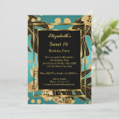 スウィート16バースデーパーティー金ゴールドティール（緑がかった色）ブラックフローラ 招待状 (スタンド正面)