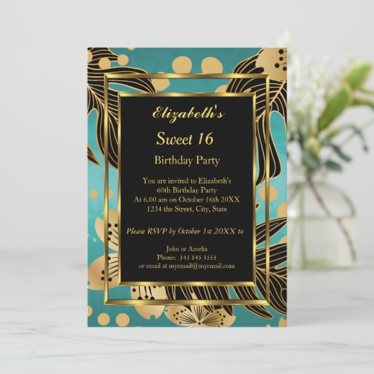 スウィート16バースデーパーティー金ゴールドティール（緑がかった色）ブラックフローラ 招待状 (スタンド正面)