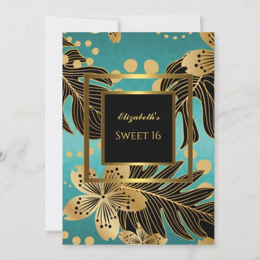 スウィート16バースデーパーティー金ゴールドティール(緑がかった色)ブラックフローラ 招待状 (裏面)