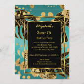 スウィート16バースデーパーティー金ゴールドティール(緑がかった色)ブラックフローラ 招待状 (正面/裏面)
