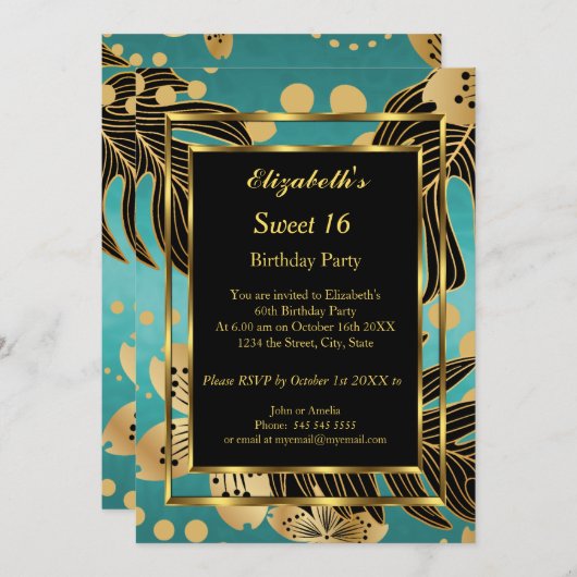 スウィート16バースデーパーティー金ゴールドティール（緑がかった色）ブラックフローラ 招待状 (正面/裏面)