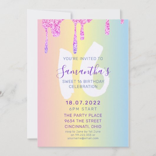スウィート16パステルシェード&グリッター誕生日 招待状 (正面)