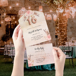 スウィート16パンパスグラスバラピンク花模様RSVP オールインワン招待状