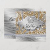 スウィート16パーティーのゴールドクラウンユニークジュエリー 招待状 (正面/裏面)