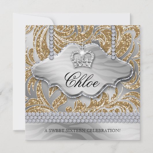 スウィート16パーティーのゴールドクラウンユニークジュエリー 招待状 (正面)