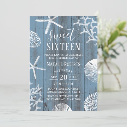 スウィート16パーティーエレガントダスティブルービーチヒトデ 招待状 (スタンド正面)