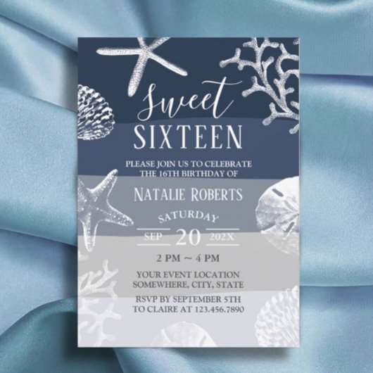 スウィート16パーティーエレガントネイビーブルービーチヒトデ 招待状