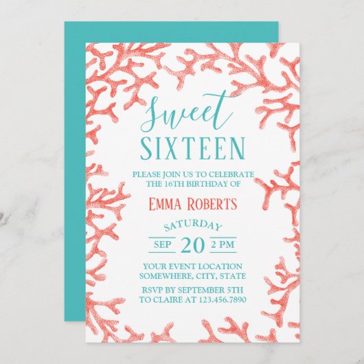 スウィート16パーティーエレガントビーチコーラルリーフ誕生日 招待状 (正面/裏面)