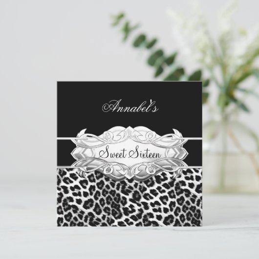 スウィート16パーティーエレガント白黒ヒョウ 招待状 (スタンド正面)