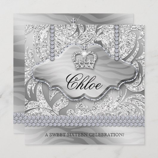 スウィート16パーティーグラッドホワイトクラウンジュエリー葉 招待状 (正面/裏面)