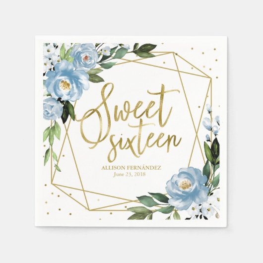 スウィート16パーティーゴールドフォイルダスティブルーフローラナプキンス スタンダードカクテルナプキン (正面)