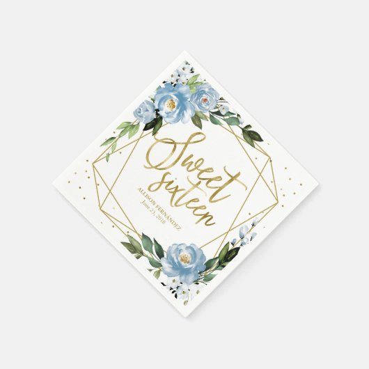 スウィート16パーティーゴールドフォイルダスティブルーフローラナプキンス スタンダードカクテルナプキン (角)