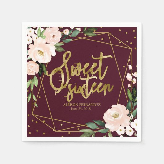 スウィート16パーティーゴールドフォイル赤面フローラブルゴーニュ スタンダードカクテルナプキン (正面)