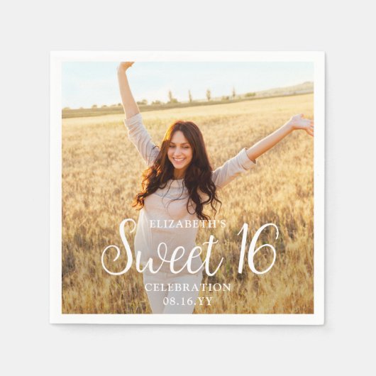 スウィート16パーティーシックトレンディースクリプト&フォトモダン スタンダードカクテルナプキン (正面)