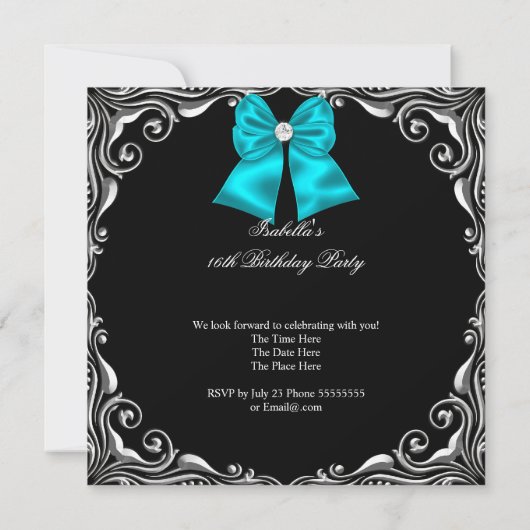 スウィート16パーティーゼブラパープルティール（緑がかった色）ダイヤモンドボウ 招待状 (裏面)