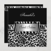 スウィート16パーティーゼブラ白黒ヒョウ 招待状 (正面/裏面)