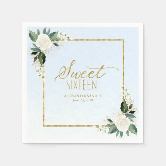 スウィート16パーティーダスティブルーゴールドフォイルフローラ スタンダードカクテルナプキン (正面)