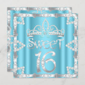 スウィート16パーティーティアラティール（緑がかった色）ブルーダイヤフェイクモンド 招待状 (正面/裏面)