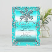 スウィート16パーティーティール（緑がかった色）グリッターグラムウィンタースノーフレーク 招待状 (スタンド正面)