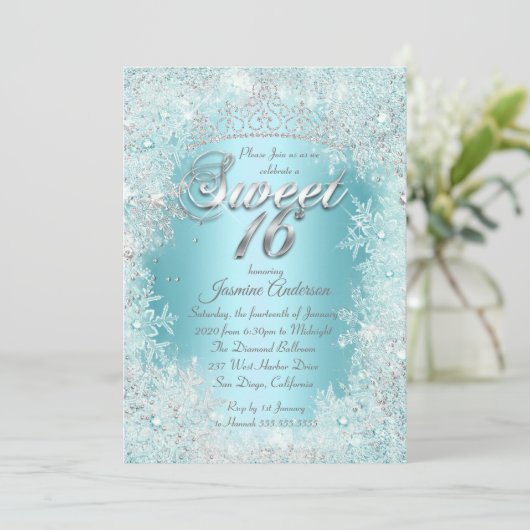 スウィート16パーティーティール(緑がかった色)ブルーシルバーウィンターワンダーランド 招待状 (スタンド正面)