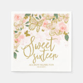 スウィート16パーティーナプキンス赤面ピンクバタフライフローラ スタンダードカクテルナプキン (正面)